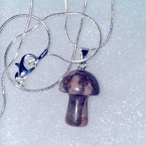 Psychedelic Boho Hippie Black & Pink Jasper Mushroom Silver Necklace 24”